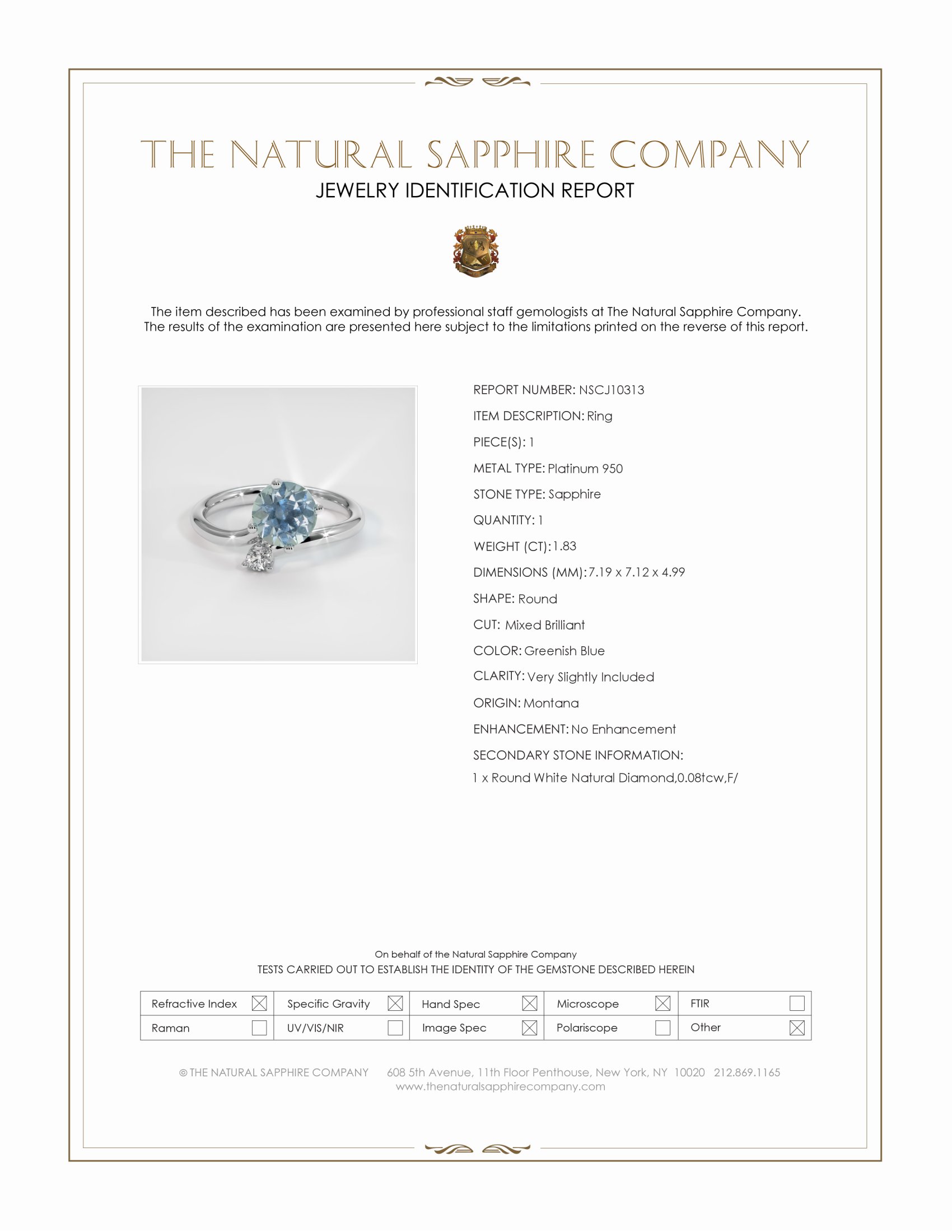 1.83 Ct. Greenish Blue Sapphire and Natural Diamond Two Stone (toi et moi) Ring, Platinum 950