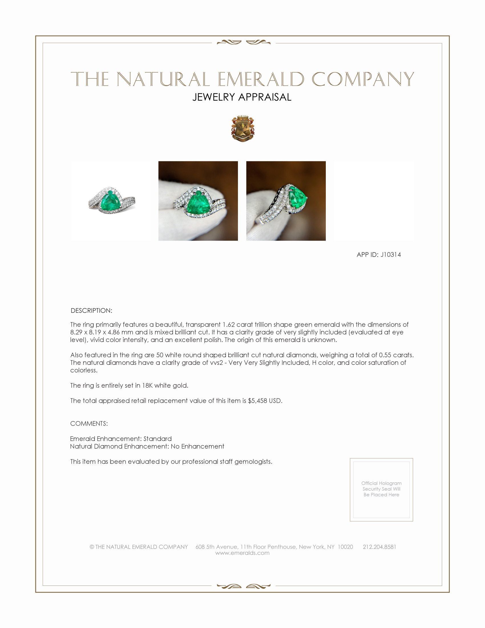 1.62 Ct. Emerald and Natural Diamond Pave Ring, 18K White Gold