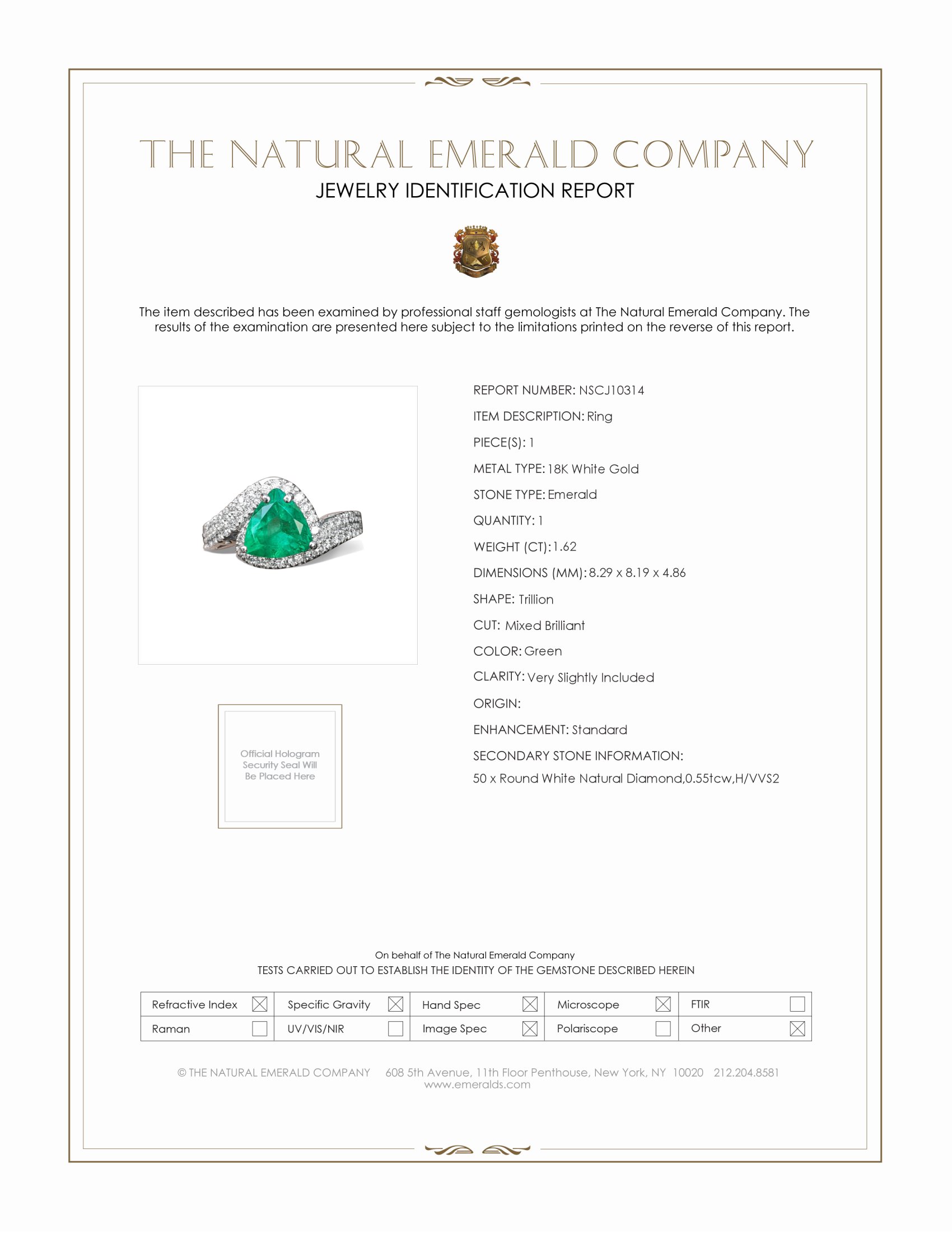 1.62 Ct. Emerald and Natural Diamond Pave Ring, 18K White Gold