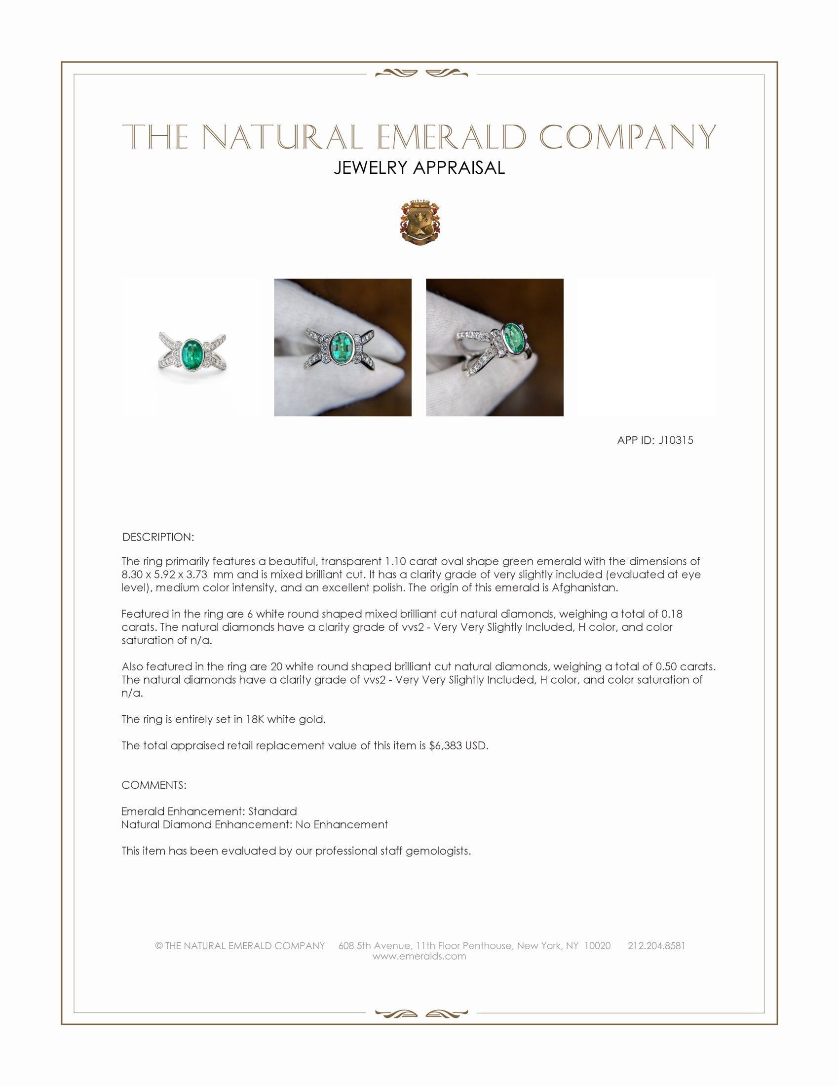 1.10 Ct. Emerald and Natural Diamond Pave Ring, 18K White Gold