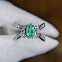 1.10 Ct. Emerald Natural Diamond Pave Ring, 18K White Gold Image