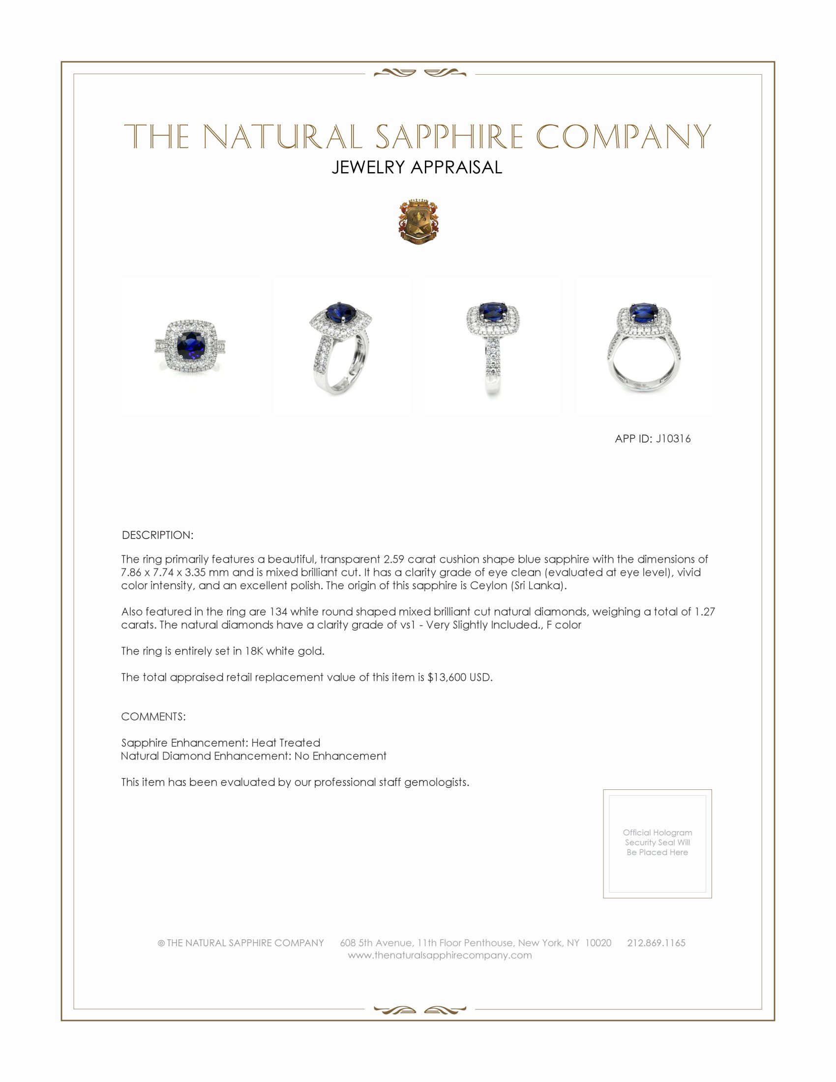 2.59 Ct. Blue Sapphire and Natural Diamond Pave Ring, 18K White Gold