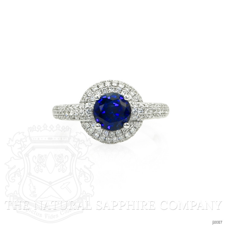 1.37 Ct. Blue Sapphire and Natural Diamond Pave Ring, 18K White Gold