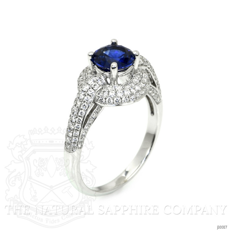1.37 Ct. Blue Sapphire and Natural Diamond Pave Ring, 18K White Gold