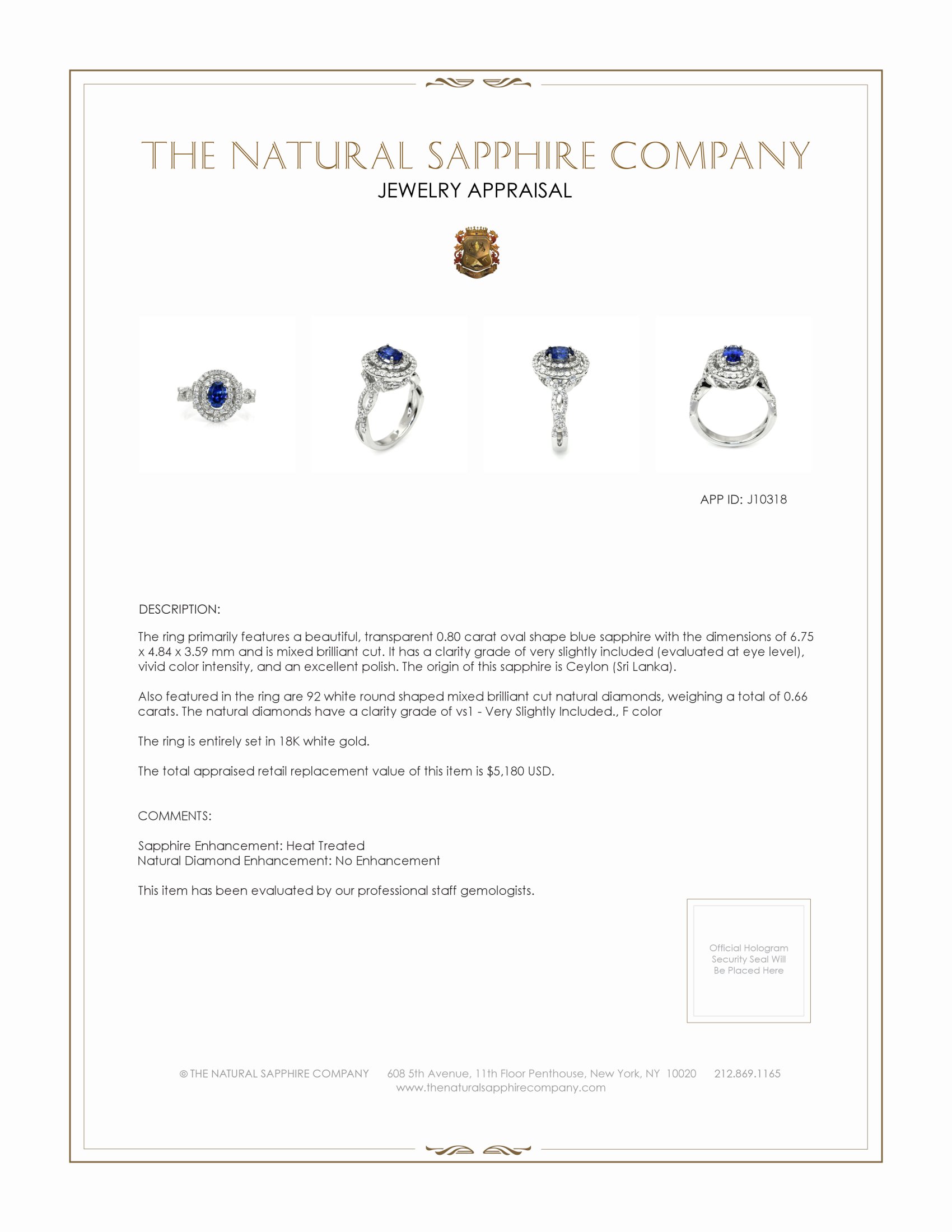 0.80 Ct. Blue Sapphire and Natural Diamond Pave Ring, 18K White Gold