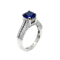 2.00 Ct. Blue Sapphire and Natural Diamond Pave Ring, 18K White Gold Image