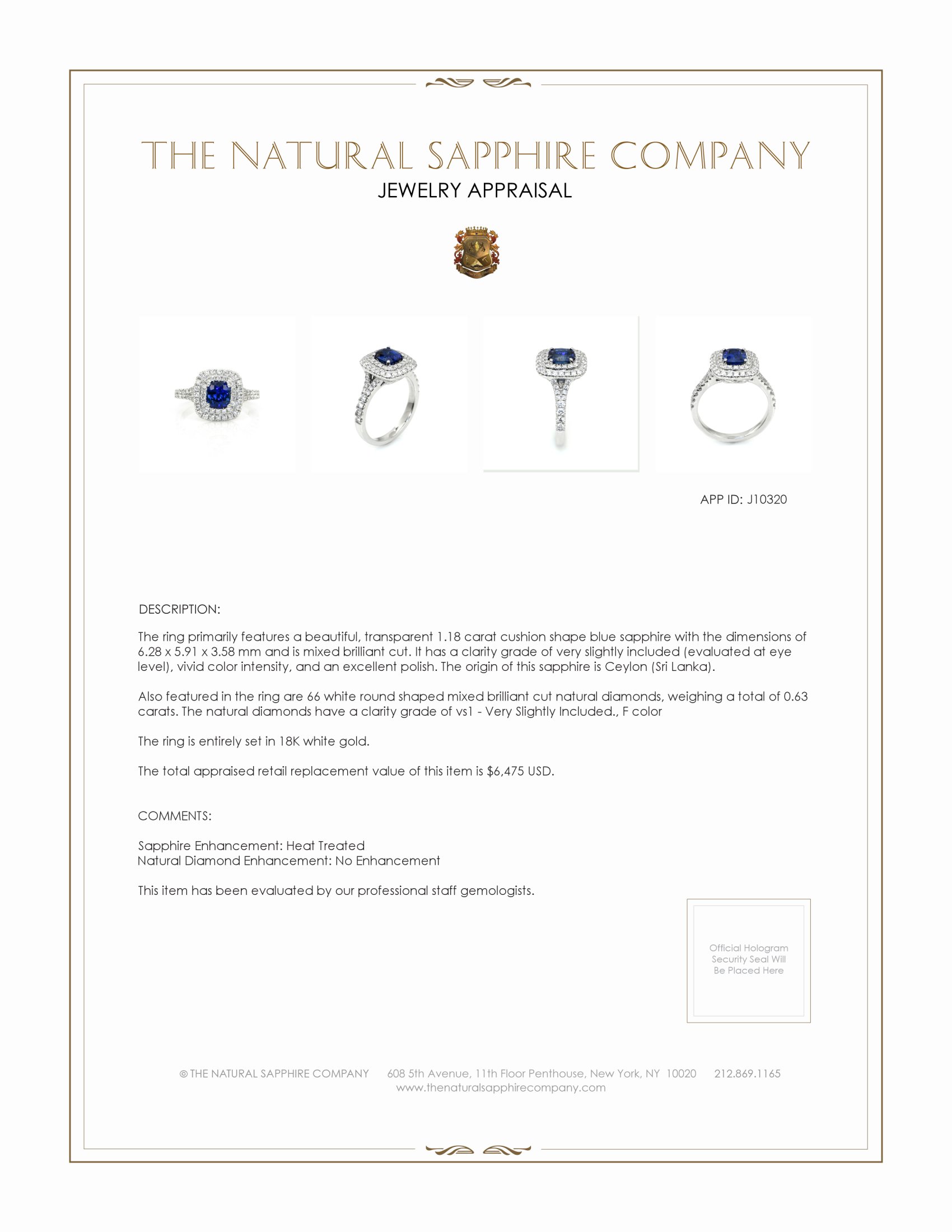 1.18 Ct. Blue Sapphire and Natural Diamond Pave Ring, 18K White Gold