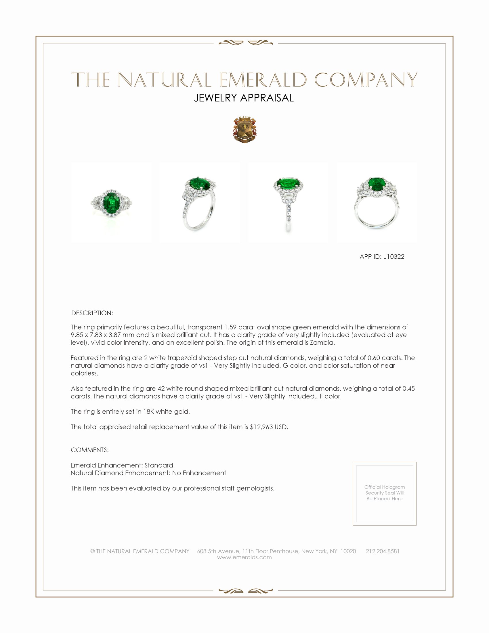 1.59 Ct. Emerald Natural Diamond Three Stone Ring, 18K White Gold