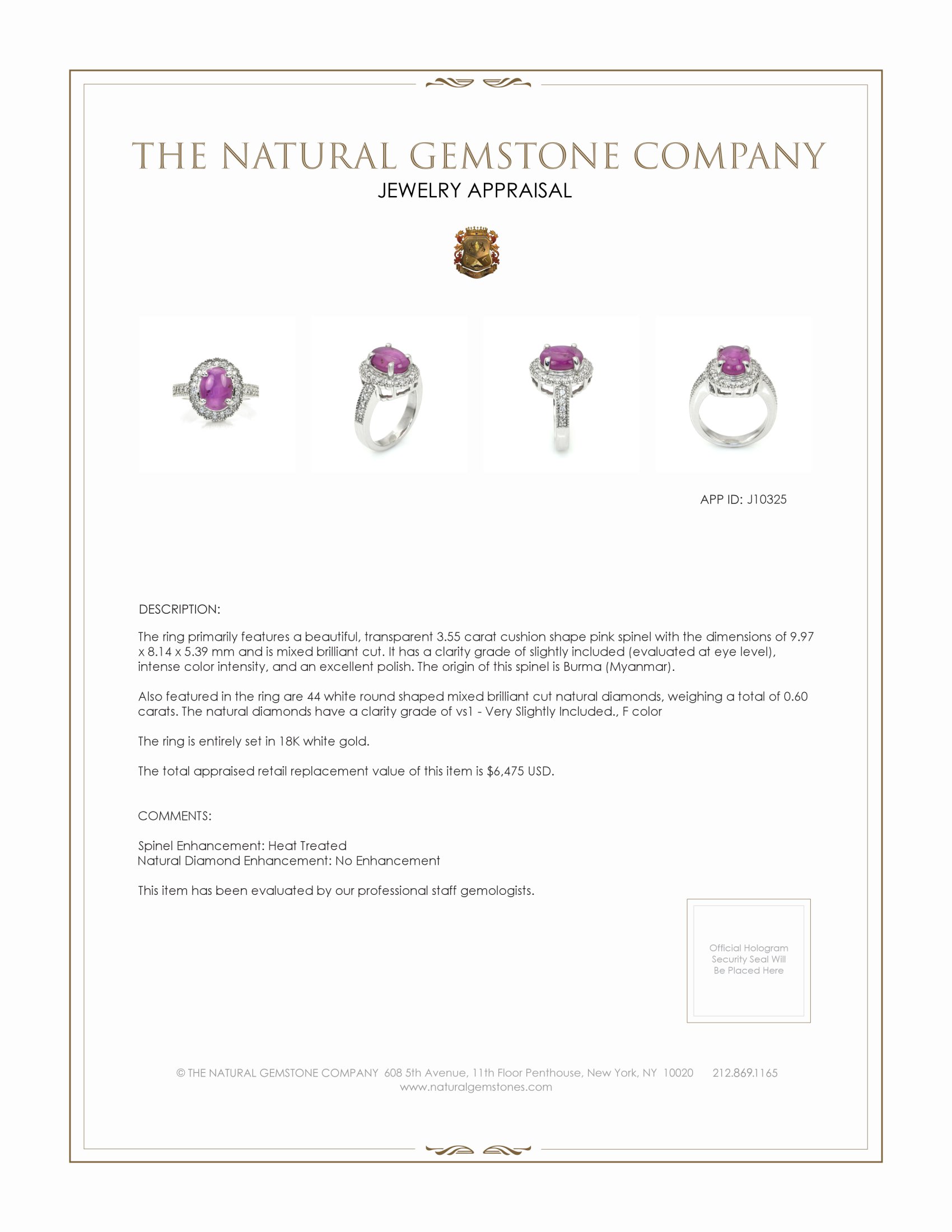 3.55 Ct. Spinel Natural Diamond Pave Ring, 18K White Gold