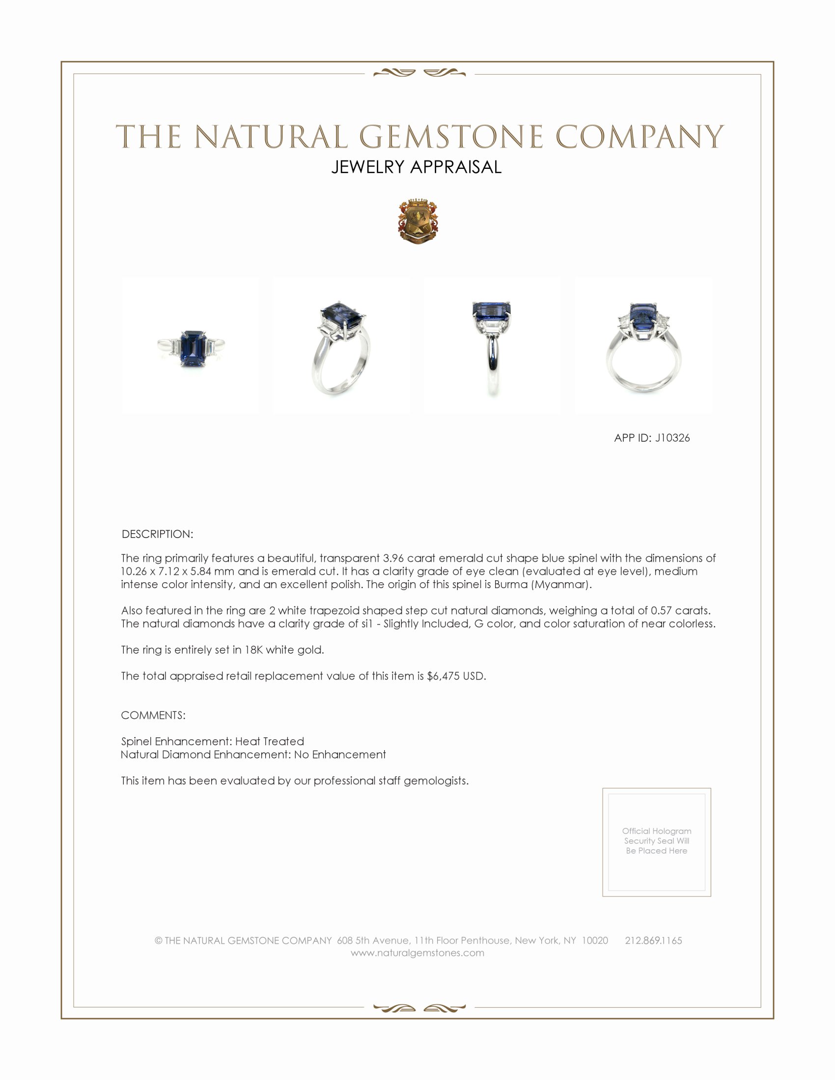 3.96 Ct. Spinel Natural Diamond Three Stone Ring, 18K White Gold