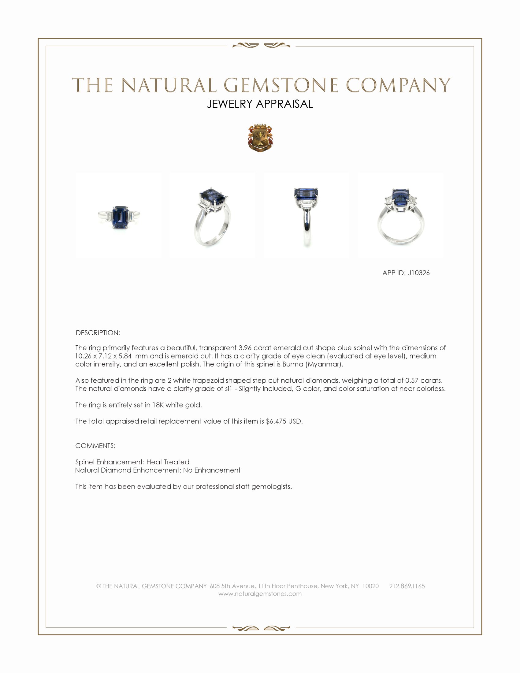 3.96 Ct. Blue Spinel and Natural Diamond Three Stone Ring, 18K White Gold