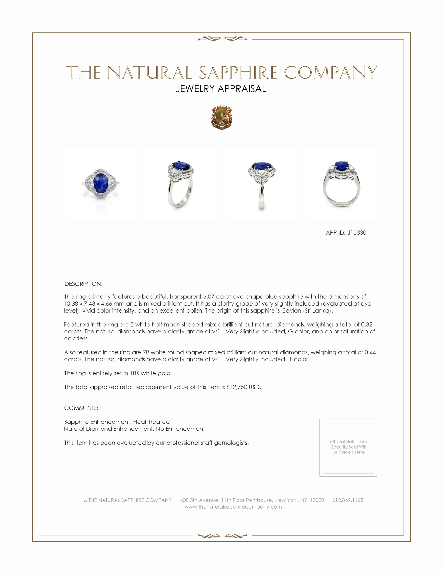 3.07 Ct. Blue Sapphire and Natural Diamond Three Stone Ring, 18K White Gold