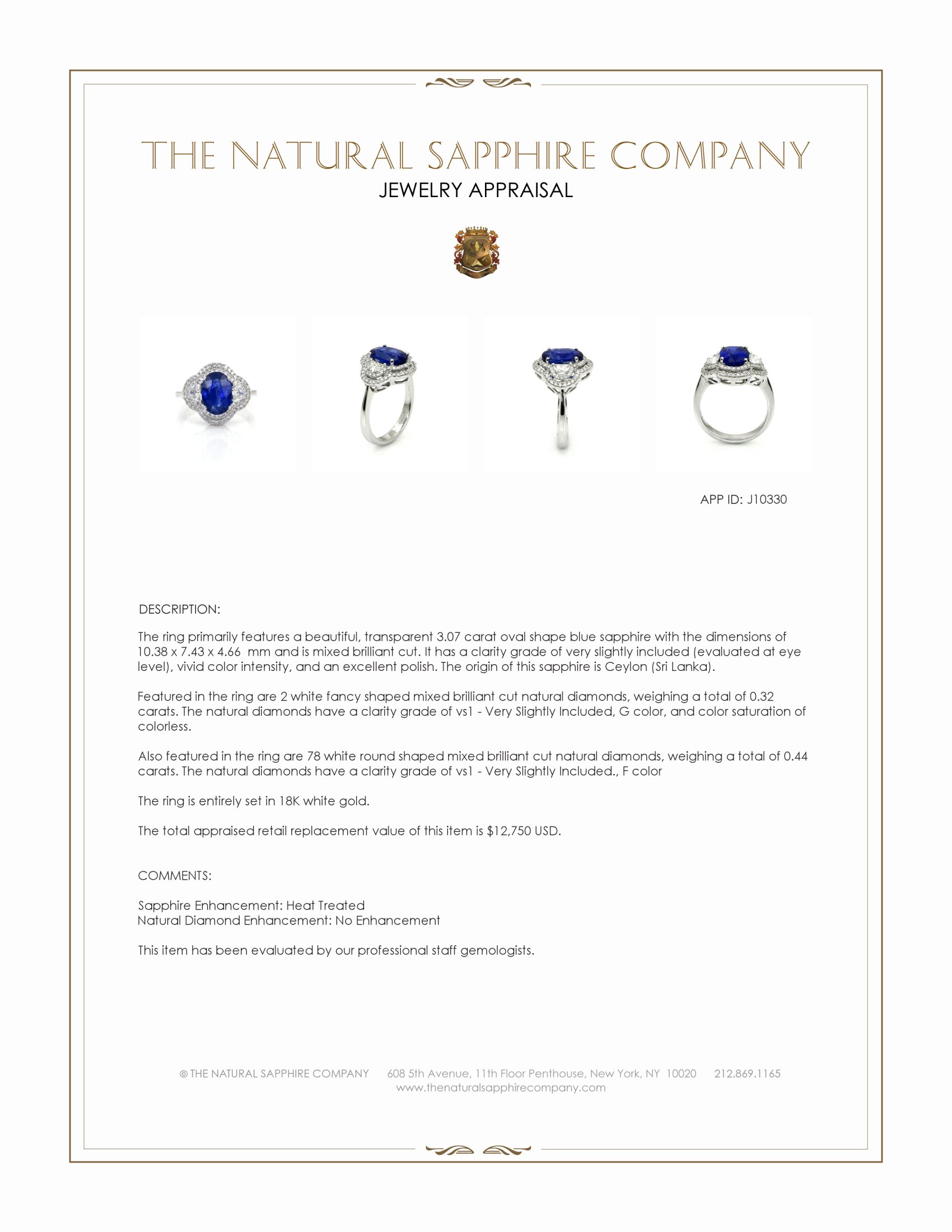 3.07 Ct. Blue Sapphire and Natural Diamond Three Stone Ring, 18K White Gold