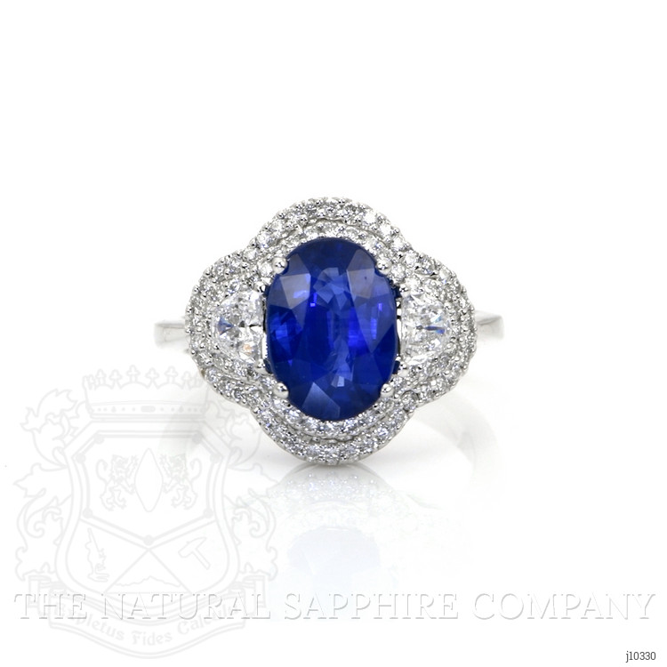 3.07 Ct. Blue Sapphire and Natural Diamond Three Stone Ring, 18K White Gold