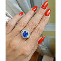 3.07 Ct. Blue Sapphire and Natural Diamond Three Stone Ring, 18K White Gold Life Style