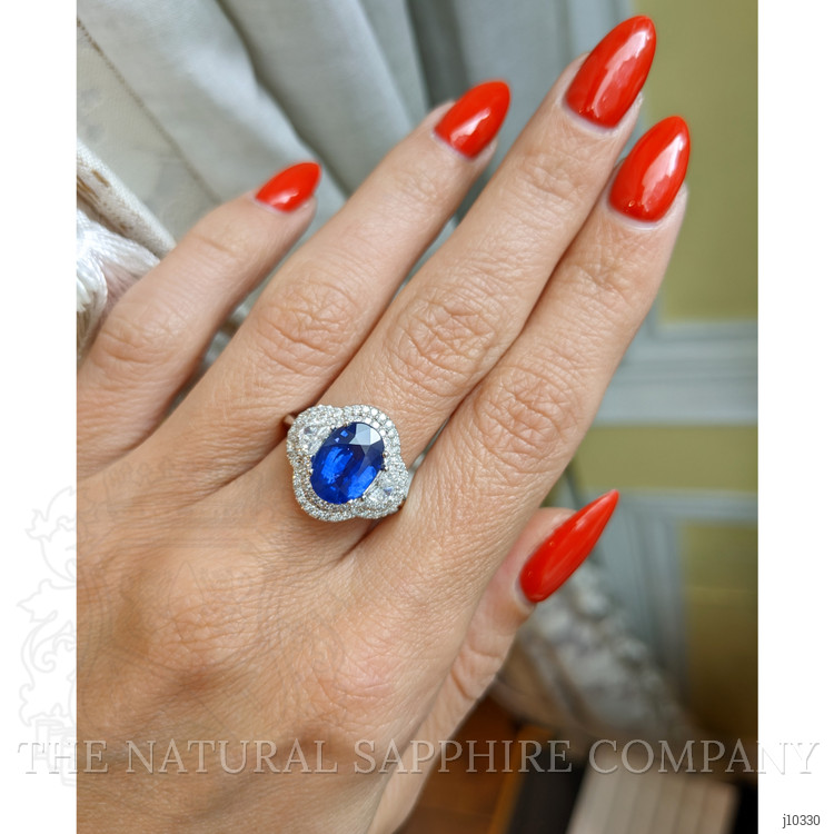 3.07 Ct. Blue Sapphire and Natural Diamond Three Stone Ring, 18K White Gold