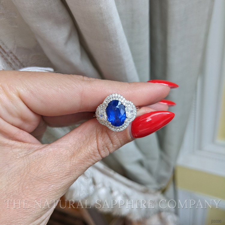 3.07 Ct. Blue Sapphire and Natural Diamond Three Stone Ring, 18K White Gold