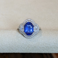3.07 Ct. Blue Sapphire and Natural Diamond Three Stone Ring, 18K White Gold Life Style