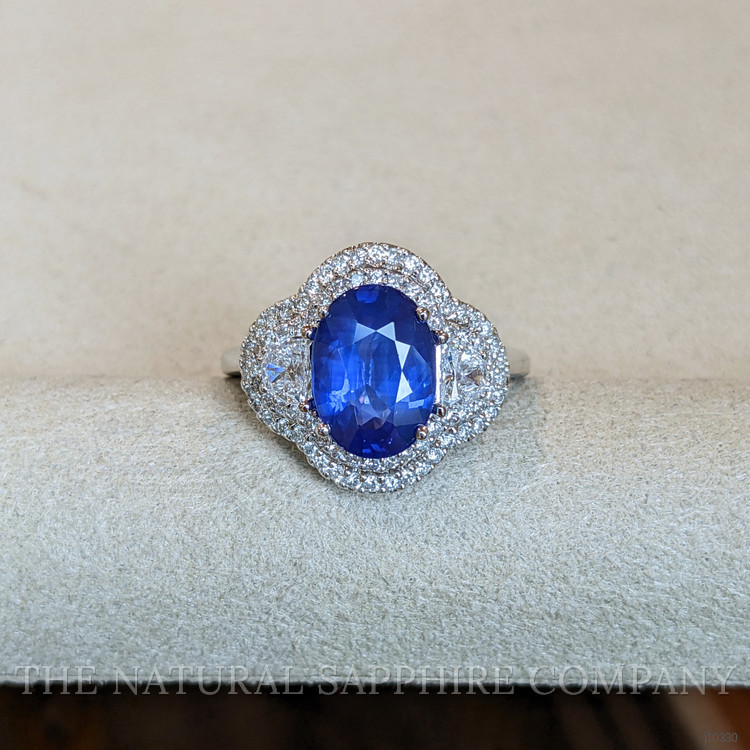 3.07 Ct. Blue Sapphire and Natural Diamond Three Stone Ring, 18K White Gold