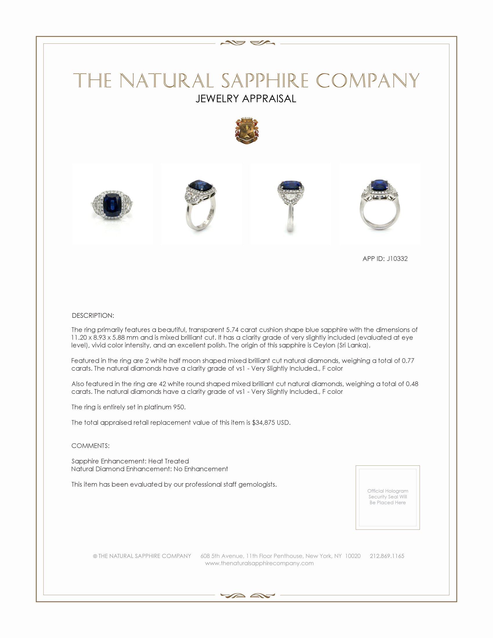 5.74 Ct. Blue Sapphire and Natural Diamond Three Stone Ring, Platinum 950