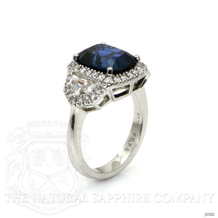 5.74 Ct. Blue Sapphire and Natural Diamond Three Stone Ring, Platinum 950