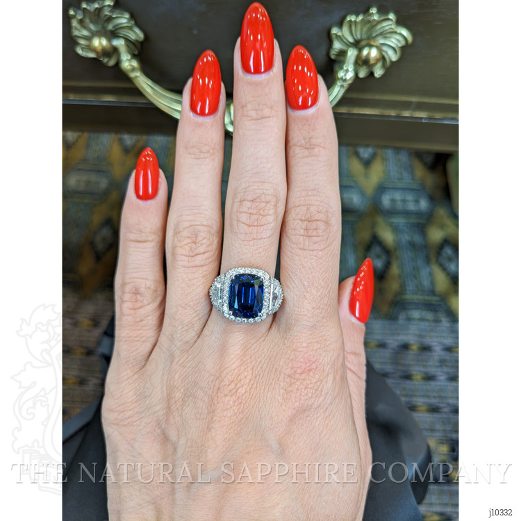 5.74 Ct. Blue Sapphire and Natural Diamond Three Stone Ring, Platinum 950