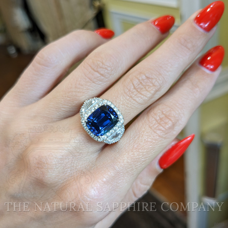 5.74 Ct. Blue Sapphire and Natural Diamond Three Stone Ring, Platinum 950