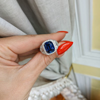 5.74 Ct. Blue Sapphire and Natural Diamond Three Stone Ring, Platinum 950 Life Style