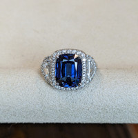 5.74 Ct. Blue Sapphire and Natural Diamond Three Stone Ring, Platinum 950 Life Style
