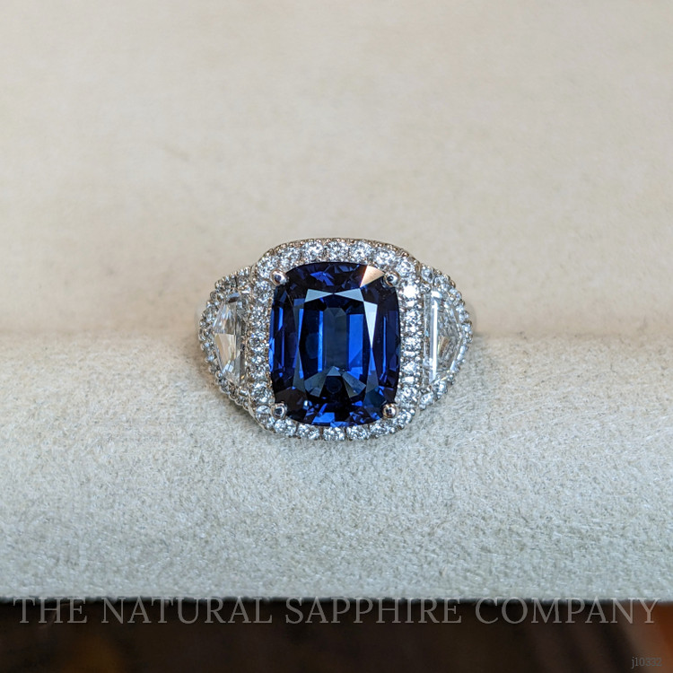 5.74 Ct. Blue Sapphire and Natural Diamond Three Stone Ring, Platinum 950