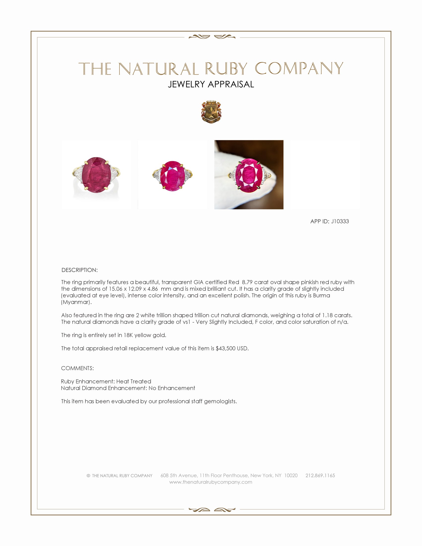 8.79 Ct. Pinkish Red Ruby and Natural Diamond Accent Stones Ring, 18K Yellow Gold