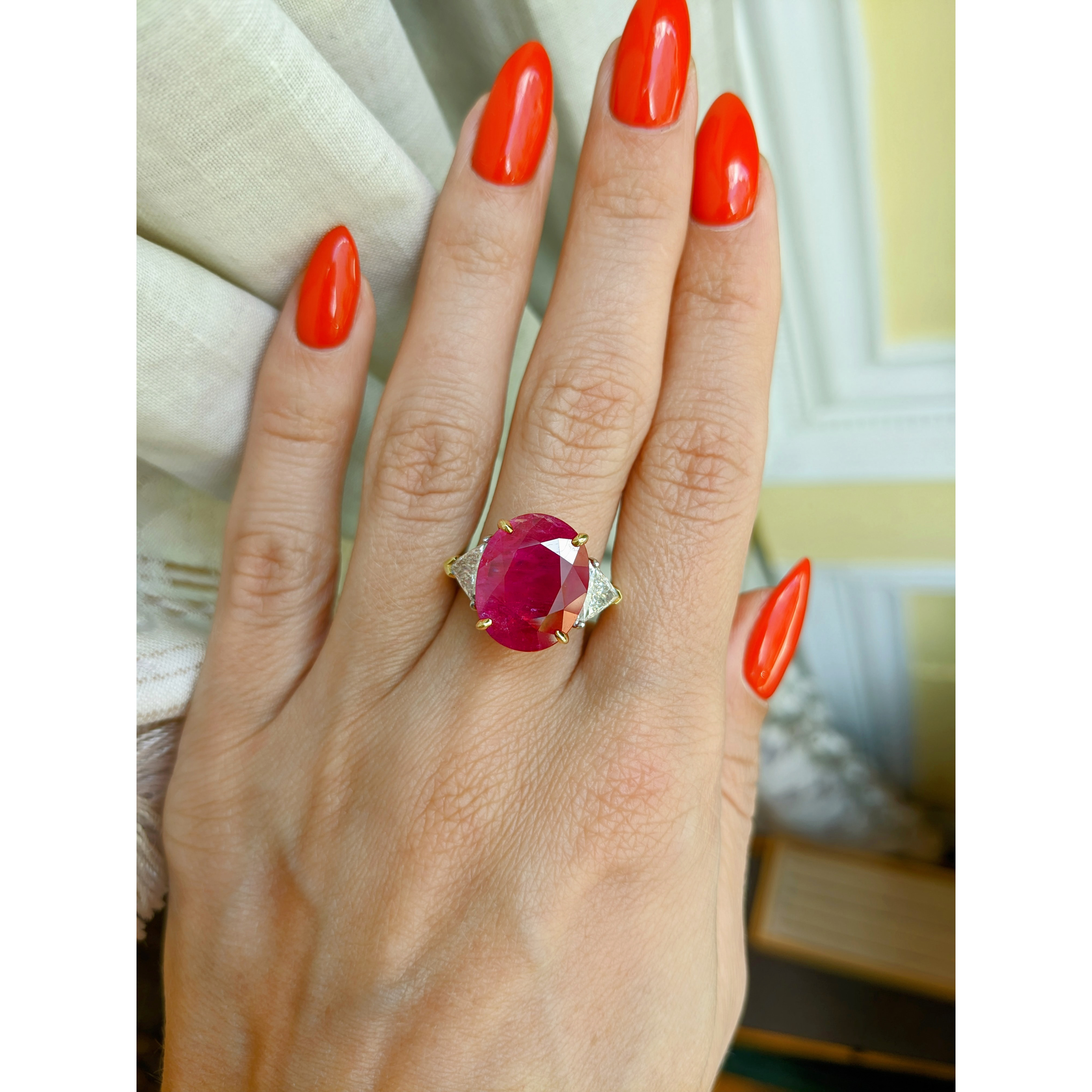 Ruby☆ミ Pinkish Red Ruby and Natural Diamond Accent Stones Ring - Oval