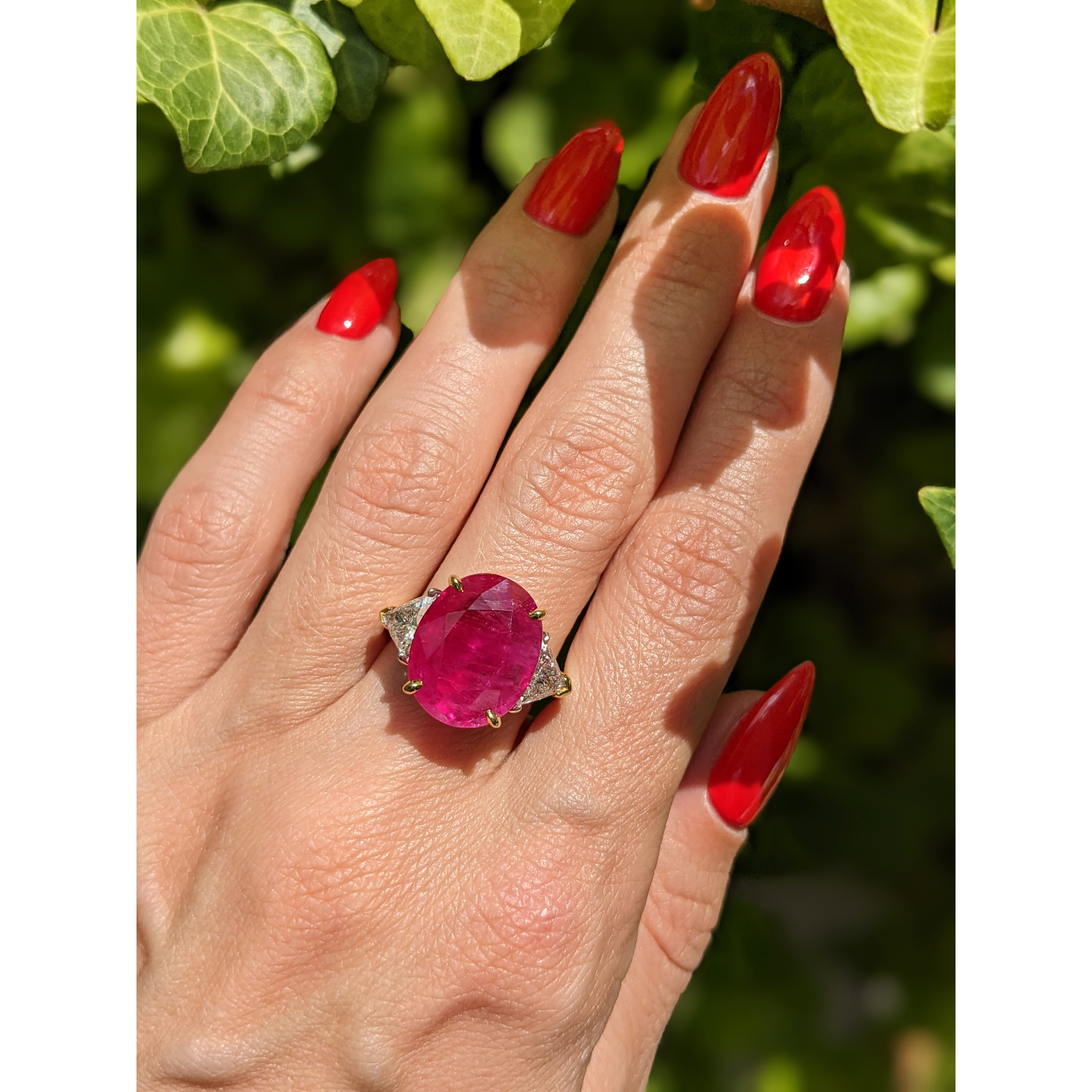 Pinkish Red Ruby and Natural Diamond Accent Stones Ring - Oval