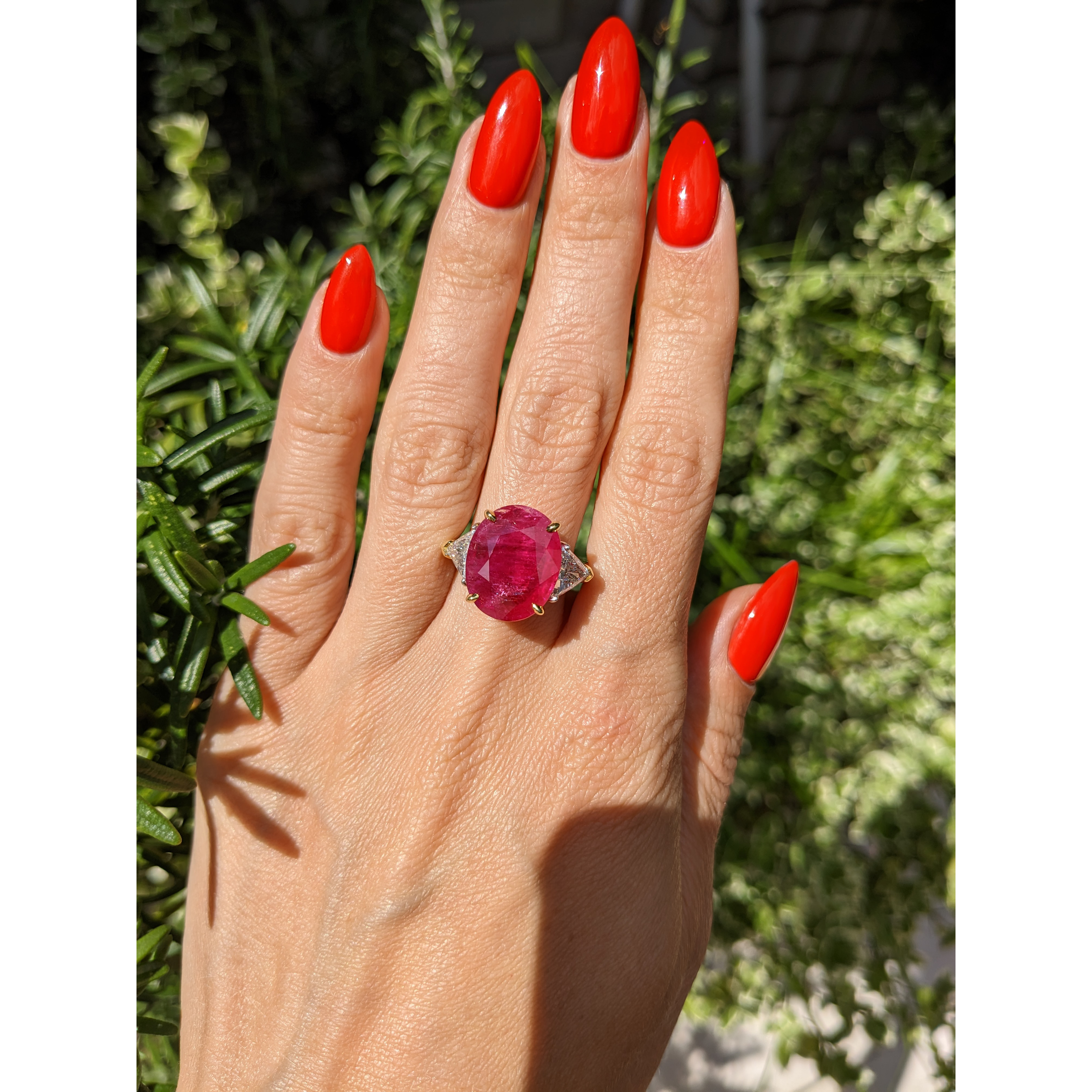 Pinkish Red Ruby and Natural Diamond Accent Stones Ring - Oval