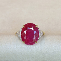 8.79 Ct. Pinkish Red Ruby and Natural Diamond Accent Stones Ring, 18K Yellow Gold Life Style