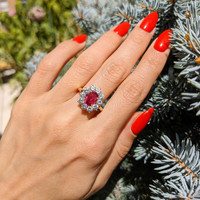 2.27 Ct. Ruby Natural Diamond Halo Ring, 18K Yellow Gold Life Style