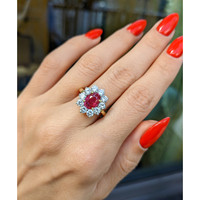 2.27 Ct. Ruby Natural Diamond Halo Ring, 18K Yellow Gold Life Style