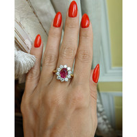 2.27 Ct. Ruby Natural Diamond Halo Ring, 18K Yellow Gold Life Style