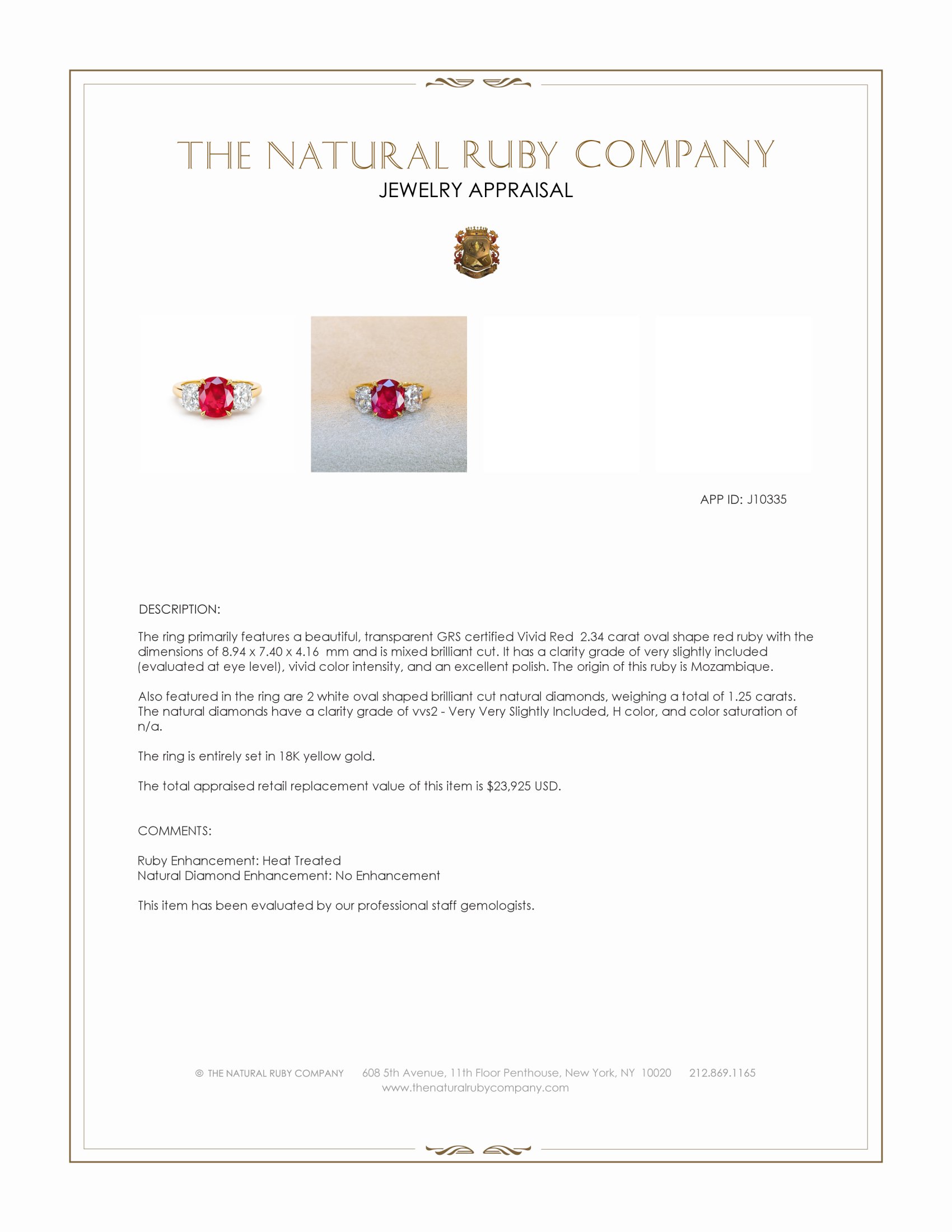 2.34 Ct. Ruby and Natural Diamond Three Stone Ring, 18K Yellow Gold