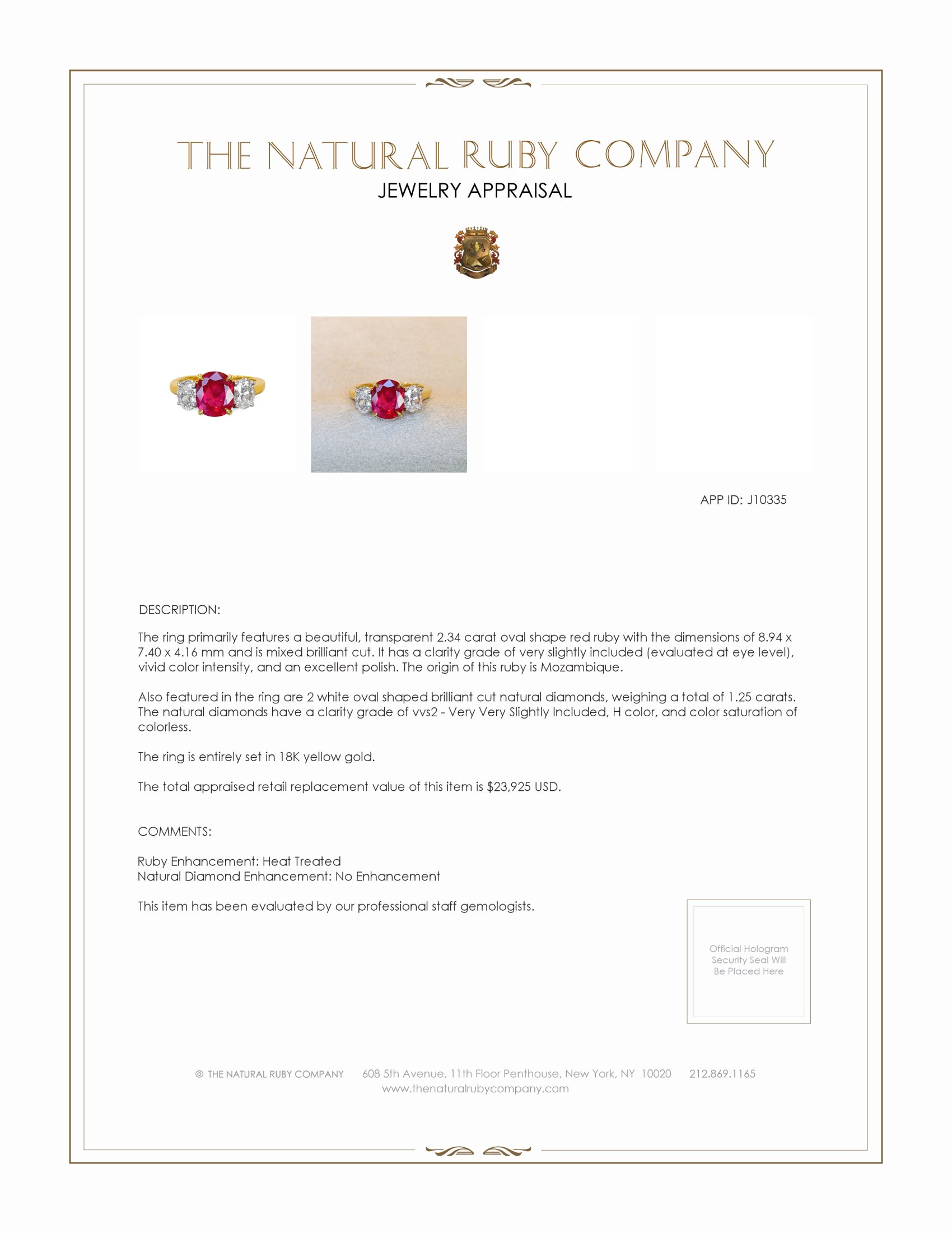 2.34 Ct. Ruby and Natural Diamond Three Stone Ring, 18K Yellow Gold