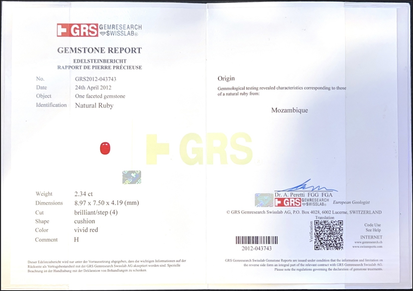 2.34 Ct. Ruby and Natural Diamond Three Stone Ring, 18K Yellow Gold