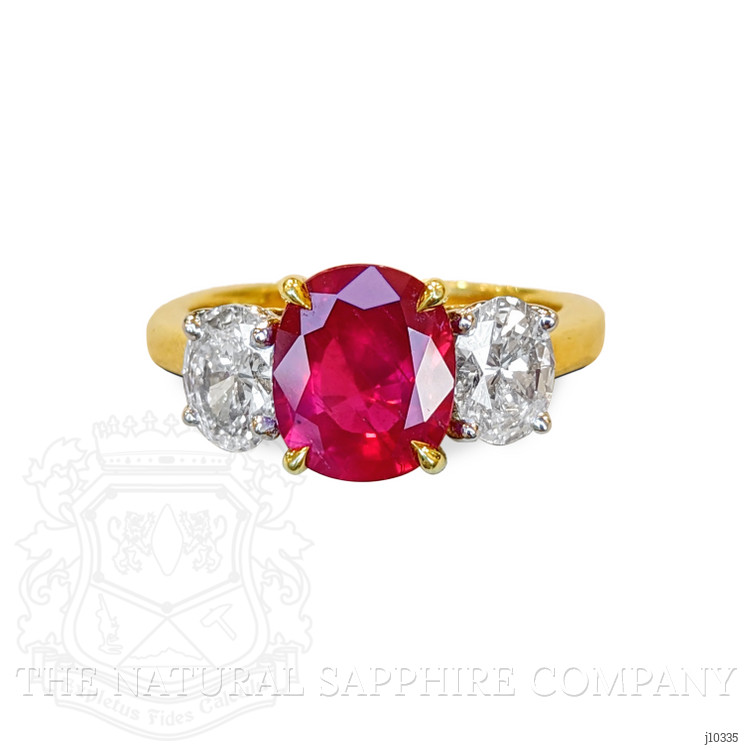2.34 Ct. Ruby and Natural Diamond Three Stone Ring, 18K Yellow Gold