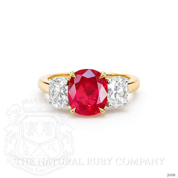 2.34 Ct. Ruby and Natural Diamond Three Stone Ring, 18K Yellow Gold