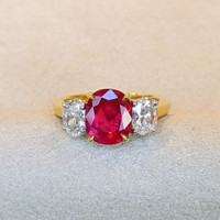 2.34 Ct. Ruby Natural Diamond Three Stone Ring, 18K Yellow Gold Image