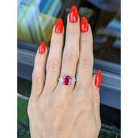 2.34 Ct. Ruby Natural Diamond Three Stone Ring, 18K Yellow Gold Life Style