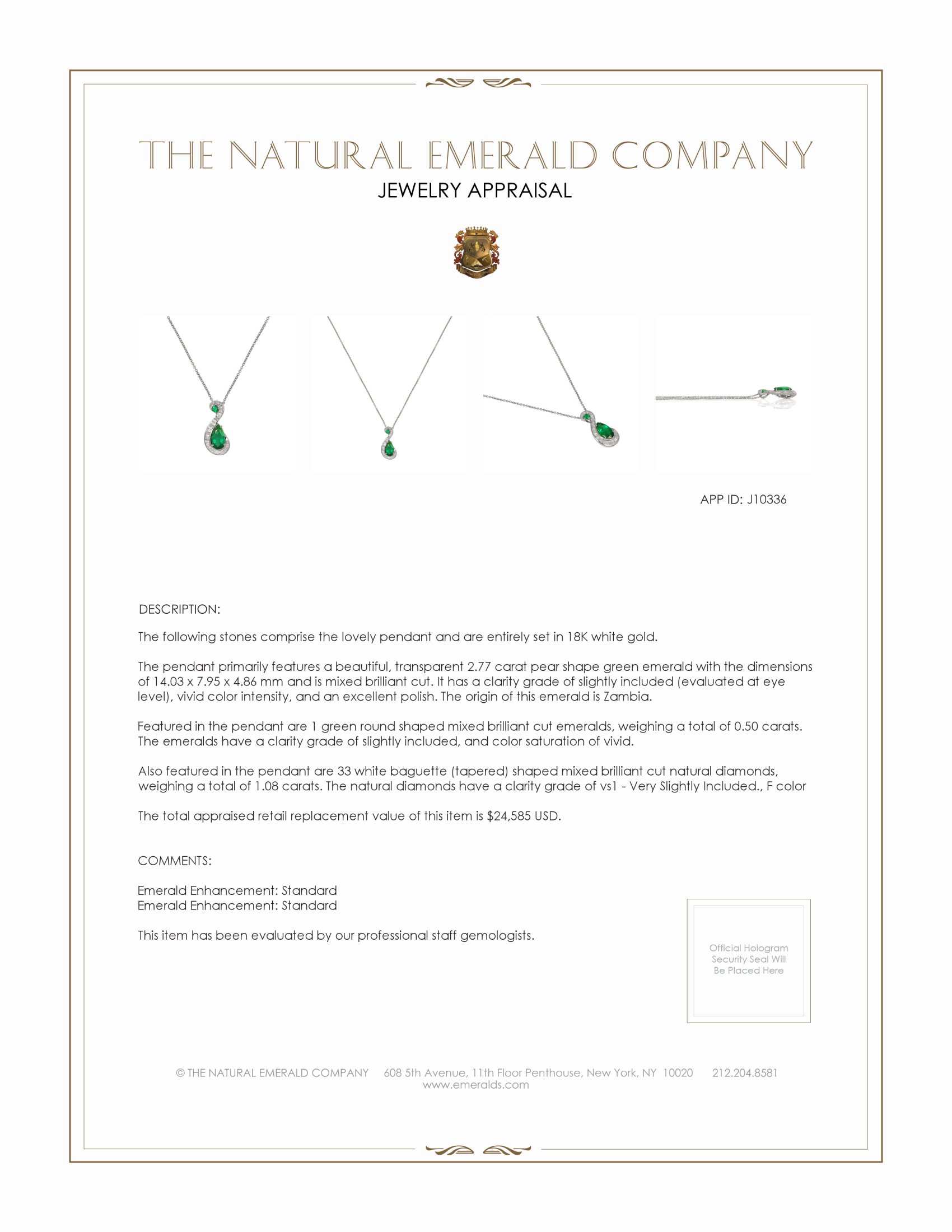 2.77 Ct. Emerald and Natural Diamond Pave Pendant, 18K White Gold