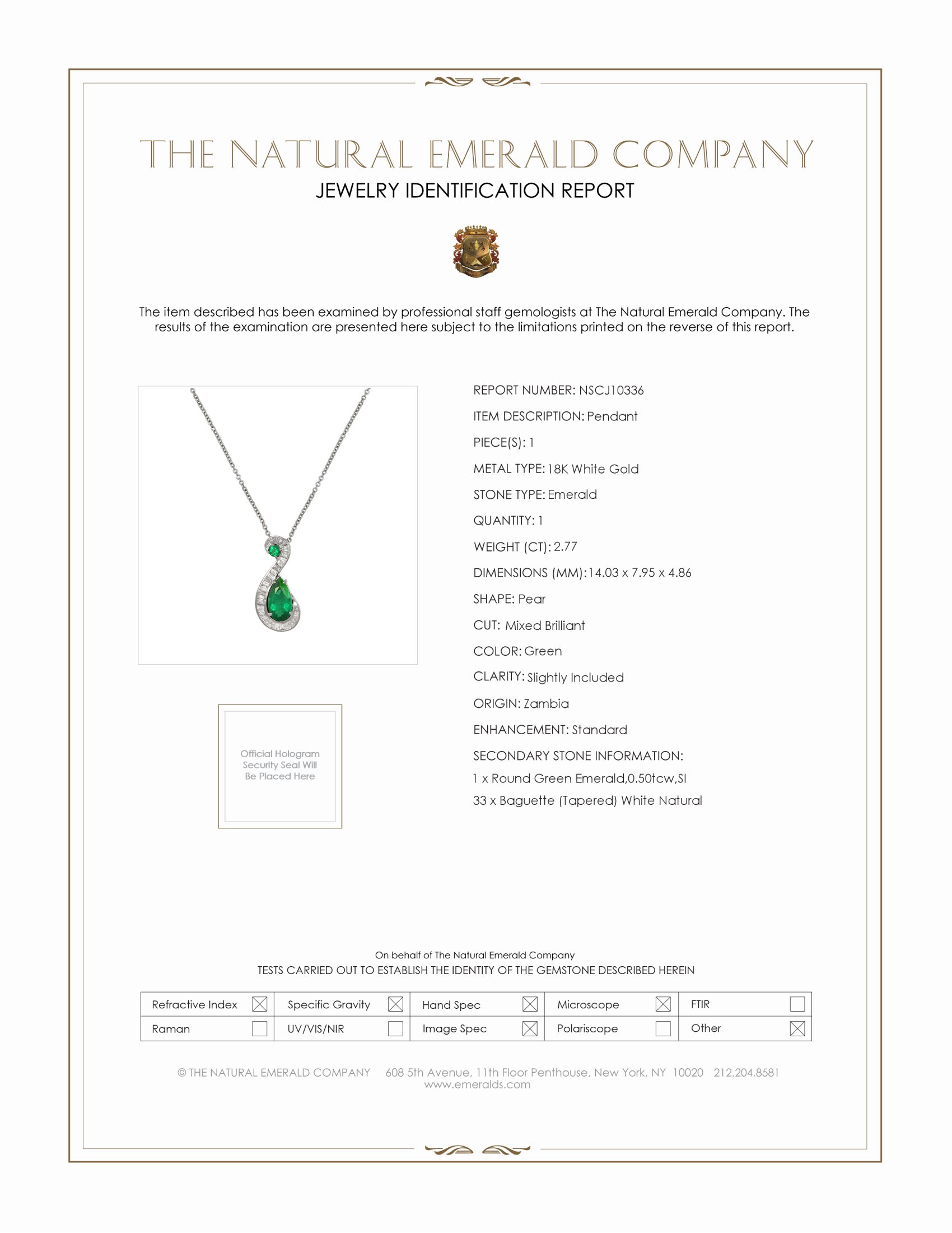 2.77 Ct. Emerald and Natural Diamond Pave Pendant, 18K White Gold