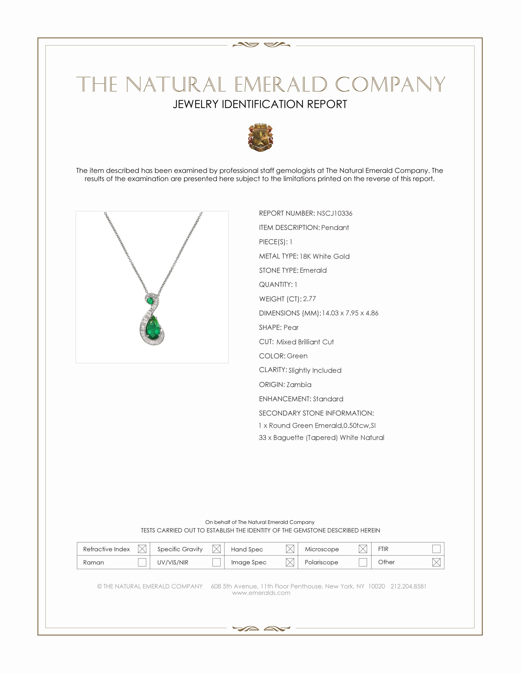 2.77 Ct. Emerald and Natural Diamond Pave Pendant, 18K White Gold