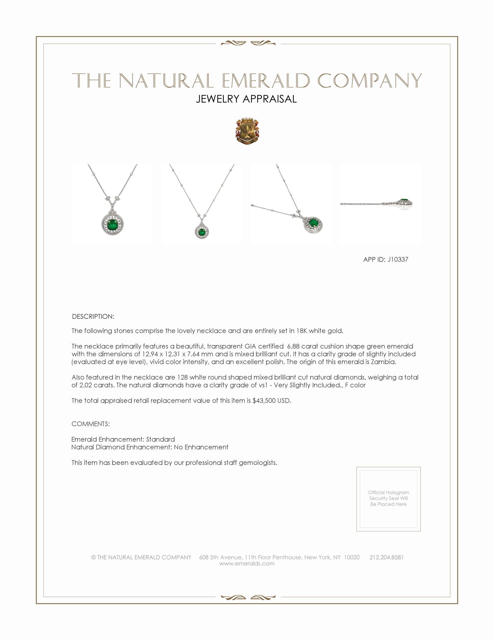 6.88 Ct. Emerald and Natural Diamond Antique Style Necklace, 18K White Gold