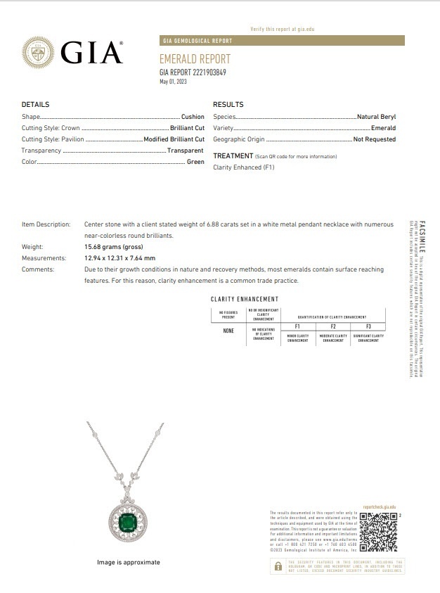 6.88 Ct. Emerald and Natural Diamond Antique Style Necklace, 18K White Gold